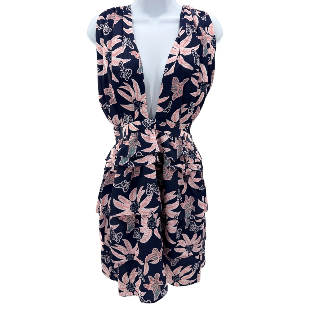 Outerknown Bailey Short Tiered Mini Dress Twist‎ Back Butterfly Print Navy 2 New